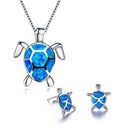 Neckce Cute Sea Turtle Pendant Necklace Earrings Sets Created Blue Opal Necklace Animal Jewelry for Women