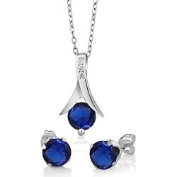 Gem Stone King 925 Sterling Silver Simulated Sapphire Pendant Necklace and Earrings Set 2.40 Cttw Round with 18 Inch Silver Chain