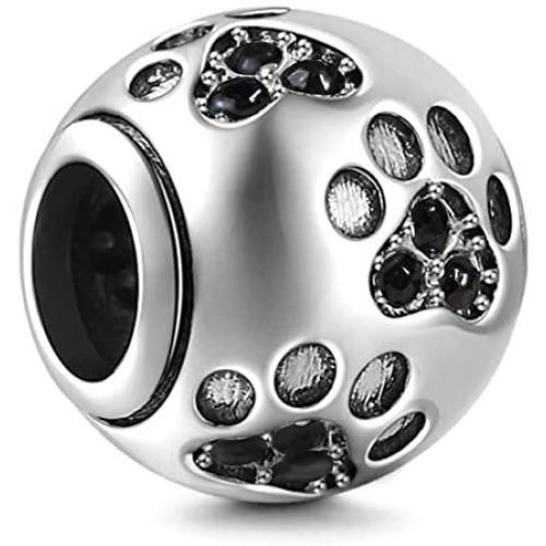 Dog Paw Print Charms with Various Birthstone Crystals, 925 Sterling Silver Pawprint Beads for 3mm Snake Chain, Pet Lover Gifts for European Women Bracelet