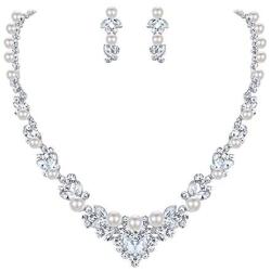 EVER FAITH Bridal Jewelry Set Clear Austrian Crystal Simulated Pearl Leaf Elegant Necklace Earrings for Bride, Bridesmaids