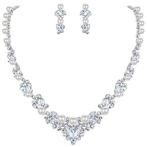 EVER FAITH Bridal Jewelry Set Clear Austrian Crystal Simulated Pearl Leaf Elegant Necklace Earrings for Bride, Bridesmaids
