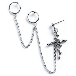 Rose Cross Dangle Hoop Earrings Gothic Double Circle Chain Leaf Flower Cross Clip on Earring for Women Girls Fashion Jewelry Gifts
