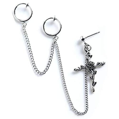 Rose Cross Dangle Hoop Earrings Gothic Double Circle Chain Leaf Flower Cross Clip on Earring for Women Girls Fashion Jewelry Gifts