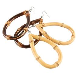 Bamboo Teardrop Earrings, BB Panda Unique Handmade Natural Bamboo Root Water Drop Dangle Earrings for Women and Girls, Set of 2, Gold and Burnt Black Color