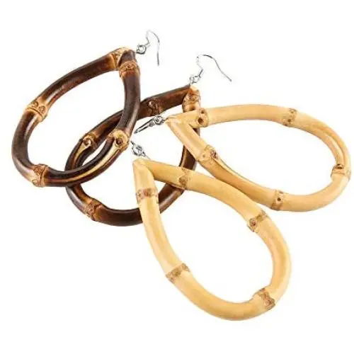 Bamboo Teardrop Earrings, BB Panda Unique Handmade Natural Bamboo Root Water Drop Dangle Earrings for Women and Girls, Set of 2, Gold and Burnt Black Color