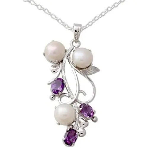NOVICA Cream Cultured Freshwater Pearl Amethyst Rhodium Plated Silver Necklace, 18'' Sincerely Yours NOVICA Cream Cultured Freshwater Pearl Amethyst Rhodium Plated Silver Necklace, 18'' Sincerely Yours