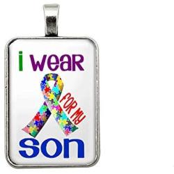 Handmade''I WEAR PUZZLE FOR MY SON'' Autism Awareness Causes Glass Cabochon 25x18 Rectangle Charm Pendant Necklace Gift