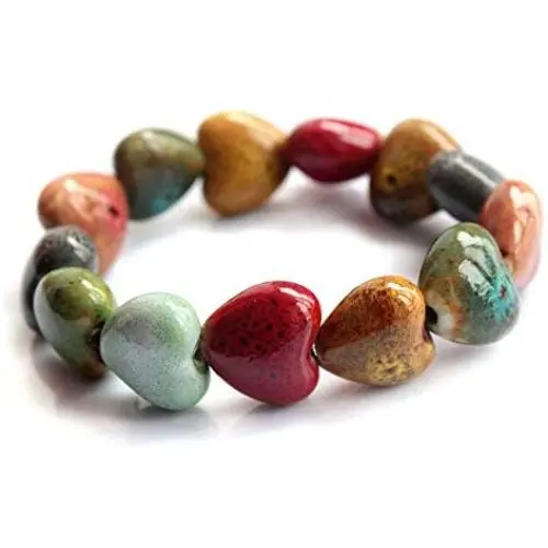 Zittop Bracelet Colorful Ceramic Handmade Simple Ethnic Style Variety of Shapes Elastic Hand Chain for Women Girls (A) (heaet)