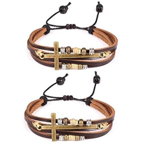 2 Pcs Vintage Handmade Wristband Religious Cross Wrap Bracelets Women Leather Christian Jewelry for Confirmation Gifts, Adjustable