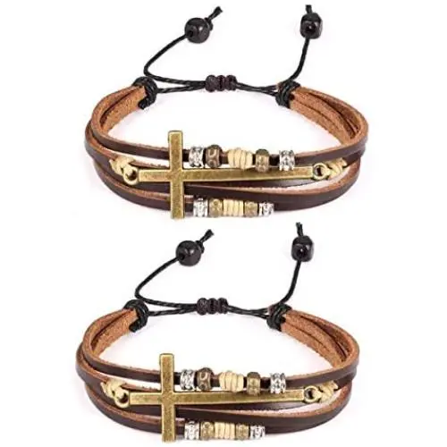 2 Pcs Vintage Handmade Wristband Religious Cross Wrap Bracelets Women Leather Christian Jewelry for Confirmation Gifts, Adjustable 2 Pcs Vintage Handmade Wristband Religious Cross Wrap Bracelets Women Leather Christian Jewelry for Confirmation Gifts, Adjustable