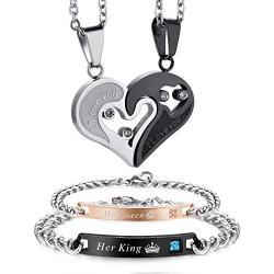 FIBO STEEL 4 Pcs Couples Necklace Bracelets Set for Women Men Matching His and Hers Love Heart Relationship Jewelry Gifts