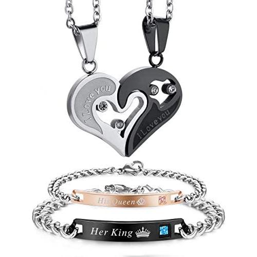 FIBO STEEL 4 Pcs Couples Necklace Bracelets Set for Women Men Matching His and Hers Love Heart Relationship Jewelry Gifts