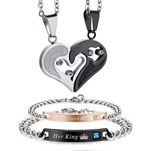 FIBO STEEL 4 Pcs Couples Necklace Bracelets Set for Women Men Matching His and Hers Love Heart Relationship Jewelry Gifts FIBO STEEL 4 Pcs Couples Necklace Bracelets Set for Women Men Matching His and Hers Love Heart Relationship Jewelry Gifts