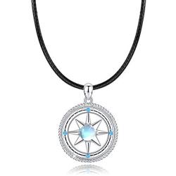 Compass Necklace, 925 Sterling Silver with Rainbow Moonstone, Inspirational Compass Jewelry Gift for Women Girlfriend Daughter with Gift Box