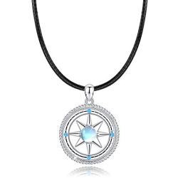 Compass Necklace, 925 Sterling Silver with Rainbow Moonstone, Inspirational Compass Jewelry Gift for Women Girlfriend Daughter with Gift Box