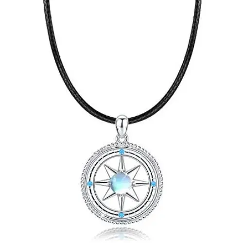 Compass Necklace, 925 Sterling Silver with Rainbow Moonstone, Inspirational Compass Jewelry Gift for Women Girlfriend Daughter with Gift Box Compass Necklace, 925 Sterling Silver with Rainbow Moonstone, Inspirational Compass Jewelry Gift for Women Girlfriend Daughter with Gift Box