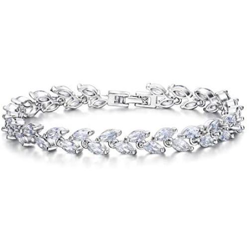 EVER FAITH Glamorous Cubic Zircon Wedding 2 Layers Small Leaf Roman Tennis Bracelet for Brides
