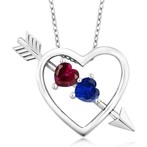 Gem Stone King 925 Sterling Silver Created Ruby and Created Sapphire Heart and Arrow Pendant Necklace (1.21 Ct with 18 Inch Silver Chain)