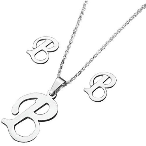 Chili Jewelry Women Girls A to Z Initial Necklace and Earrings Set Stainless Steel 26 Letters Capital Script Name Pendant Necklaces Jewelry Sets