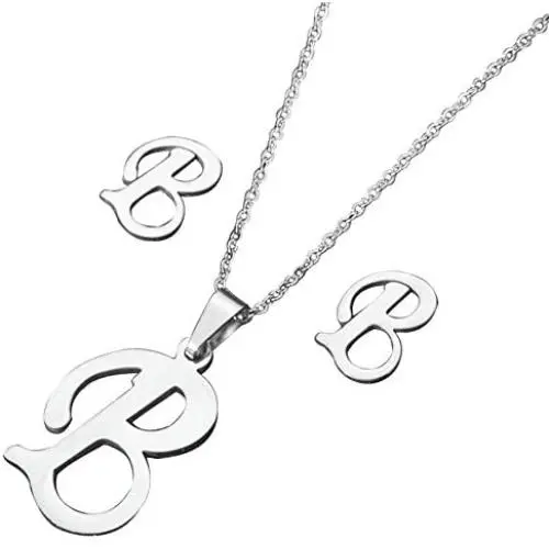 Chili Jewelry Women Girls A to Z Initial Necklace and Earrings Set Stainless Steel 26 Letters Capital Script Name Pendant Necklaces Jewelry Sets