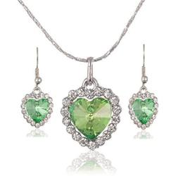 Mayfun Heart Shaped Rhinestone Pendant Dangle Earring and Necklace Jewelry Set for Women Girls (Green)