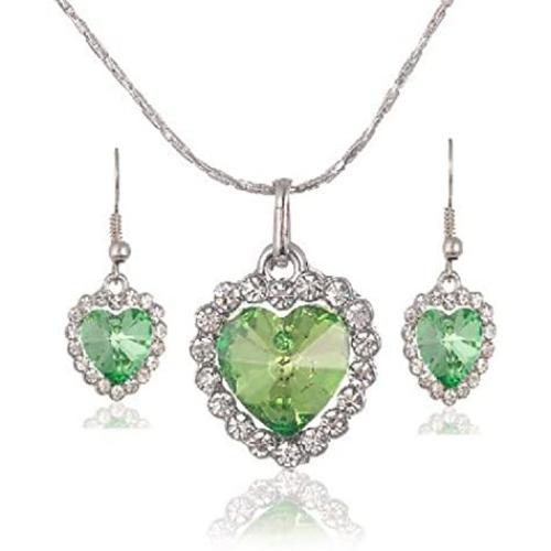 Mayfun Heart Shaped Rhinestone Pendant Dangle Earring and Necklace Jewelry Set for Women Girls (Green)