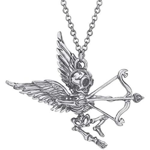 DOWAY Halloween Antique Alloy Plated Wings Archery Skeleton Skull Pendant Necklace Novelty Jewelry for Women Girls Charm Party Gift