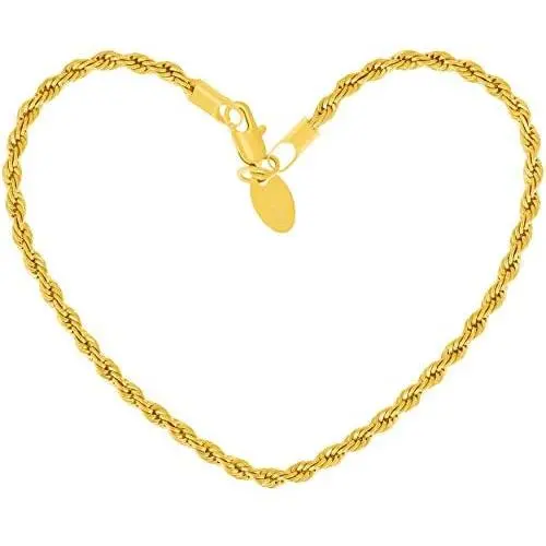 Lifetime Jewelry 3mm Rope Chain Bracelet 24k Real Gold Plated for Women and Men 7'' 8'' and 9''