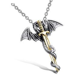 León Jewelry Dragon & Sword Pendant Dragon Slayer Warrior Necklace Stainless Steel Solid Gift for Men