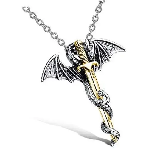 León Jewelry Dragon & Sword Pendant Dragon Slayer Warrior Necklace Stainless Steel Solid Gift for Men León Jewelry Dragon & Sword Pendant Dragon Slayer Warrior Necklace Stainless Steel Solid Gift for Men