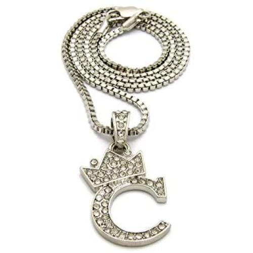 CBC Crown Rhinestone Studded Crown Small Initial Alphabet Letter Pendant Necklace 24'' Box Chain Necklaces in Gold Tone or Silver Tone