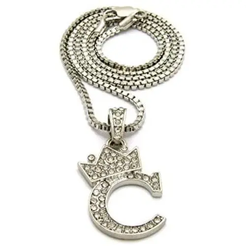 CBC Crown Rhinestone Studded Crown Small Initial Alphabet Letter Pendant Necklace 24'' Box Chain Necklaces in Gold Tone or Silver Tone CBC Crown Rhinestone Studded Crown Small Initial Alphabet Letter Pendant Necklace 24'' Box Chain Necklaces in Gold Tone or Silver Tone