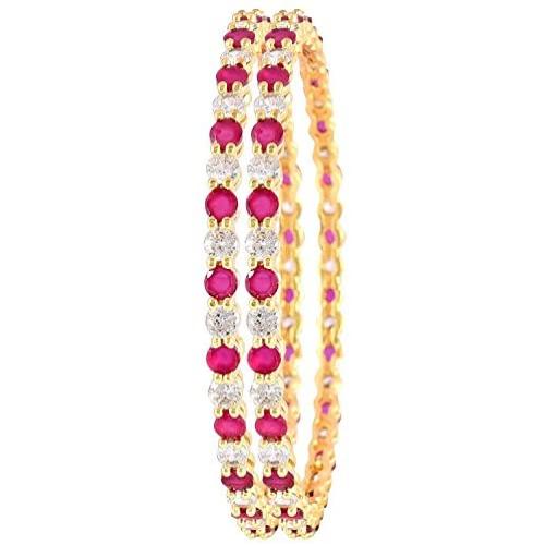 Ratnavali Jewels CZ Zirconia Gold Tone Red Green White Round Diamond Elegant Bollywood Indian Bangles Jewelry Women Wedding Bride