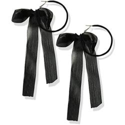 DAMLENG Fashion Lightweight Handmade Black Beaded Hoop Earrings Unique Long Ribbon Bow Tassel Dangle Drop Earrings Jewelry for Women Girls