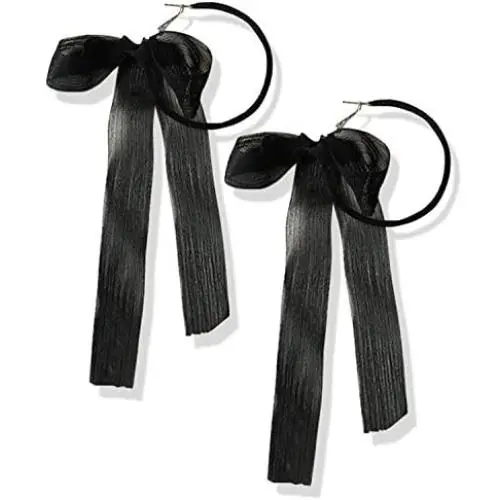 DAMLENG Fashion Lightweight Handmade Black Beaded Hoop Earrings Unique Long Ribbon Bow Tassel Dangle Drop Earrings Jewelry for Women Girls DAMLENG Fashion Lightweight Handmade Black Beaded Hoop Earrings Unique Long Ribbon Bow Tassel Dangle Drop Earrings Jewelry for Women Girls