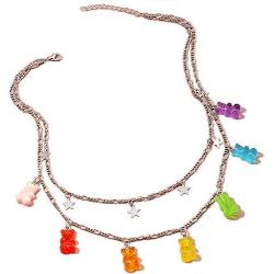 Layered Lock Necklace Punk Gothic Resin Gummy Cartoon Bear Link Chain Pendant Necklace Colorful Rock Hip Hop Transparent Butterfly Dinosaur Animal Choker Necklace for Women Girls Party Jewelry Gift