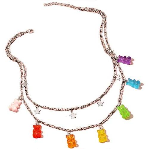 Layered Lock Necklace Punk Gothic Resin Gummy Cartoon Bear Link Chain Pendant Necklace Colorful Rock Hip Hop Transparent Butterfly Dinosaur Animal Choker Necklace for Women Girls Party Jewelry Gift