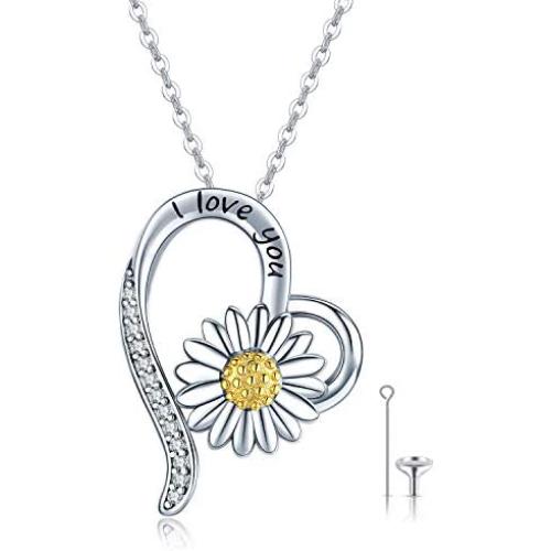 CHENGHONG Cremation Jewelry for Ashes for Women 925 Sterling Silver Heart Daisy Urn Necklace for Ashes Keepsake Memorial Family Jewelry Gifts for Women