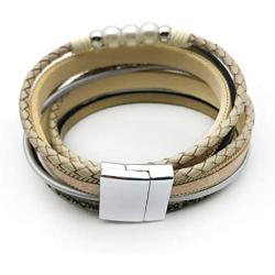 Chmay Leather Wrap Bracelet for Women Leopard Life Tree Pearl Multi-Layer Magnetic Buckle Cuff Bracelet Jewelry Gift for Sisters Teen Girls and Mother