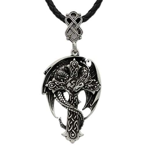 GuoShuang Learther Chain Antique Men Nrose Celtic Dragon In Cross Necklace Guardian Crossreligious Jewelry