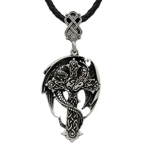 GuoShuang Learther Chain Antique Men Nrose Celtic Dragon In Cross Necklace Guardian Crossreligious Jewelry