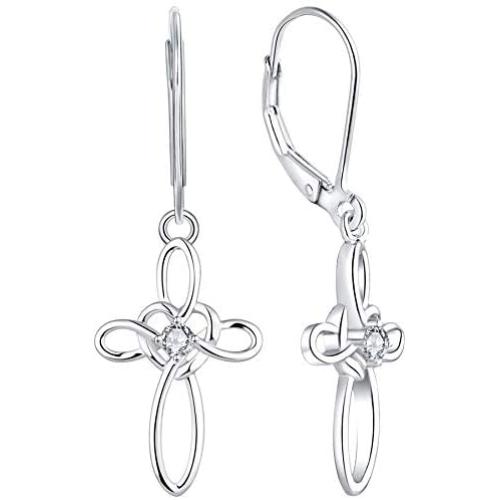 YL Celtic Knot Cross Earrings Sterling Silver Dangle Drop Earrings Gemstones Heart Religious Leverback Jewelry for Women