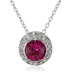 Rhodium-Plated Sterling Silver Emerald Green and Fuchsia Round Halo Pendant Necklace and Stud Earrings Jewelry Set
