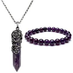 Top Plaza Natural Amethyst Rose Quartz Gemstone Crystal Healing Antique Silver Flower Wrap Pointed Pendant Necklace Bracelet Jewelry Set