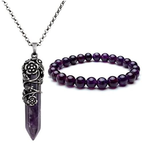 Top Plaza Natural Amethyst Rose Quartz Gemstone Crystal Healing Antique Silver Flower Wrap Pointed Pendant Necklace Bracelet Jewelry Set