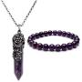 Top Plaza Natural Amethyst Rose Quartz Gemstone Crystal Healing Antique Silver Flower Wrap Pointed Pendant Necklace Bracelet Jewelry Set