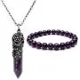 Top Plaza Natural Amethyst Rose Quartz Gemstone Crystal Healing Antique Silver Flower Wrap Pointed Pendant Necklace Bracelet Jewelry Set