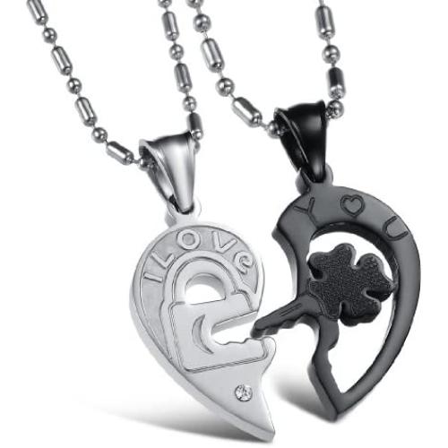 Stainless Steel His and Her Heart Lock Key Matching Puzzle Couples Pendant Necklace for Lovers Valentines Day Engagement Gift