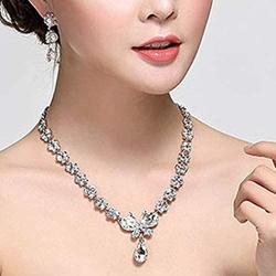 Brishow Red Rhinestone Bride Wedding Jewelry Set Bridal Crystal Necklace Earrings Set for Women and Girls (3 PCS)