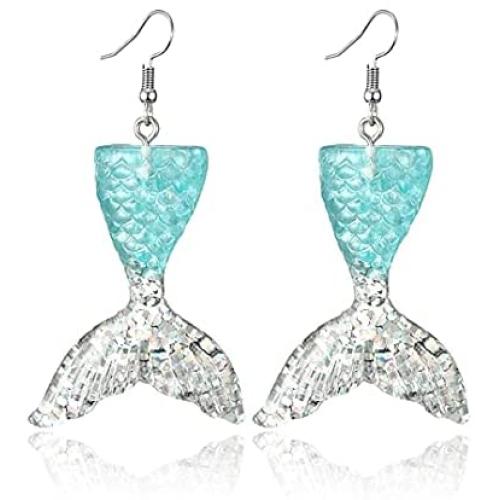 Sequins Mermaid Tail Earrings For Women Fantasy Ocean Princess Earrings Tassel Earrings Creative Ear Hook Translucent Fishtail Pendant Pearl Earrings